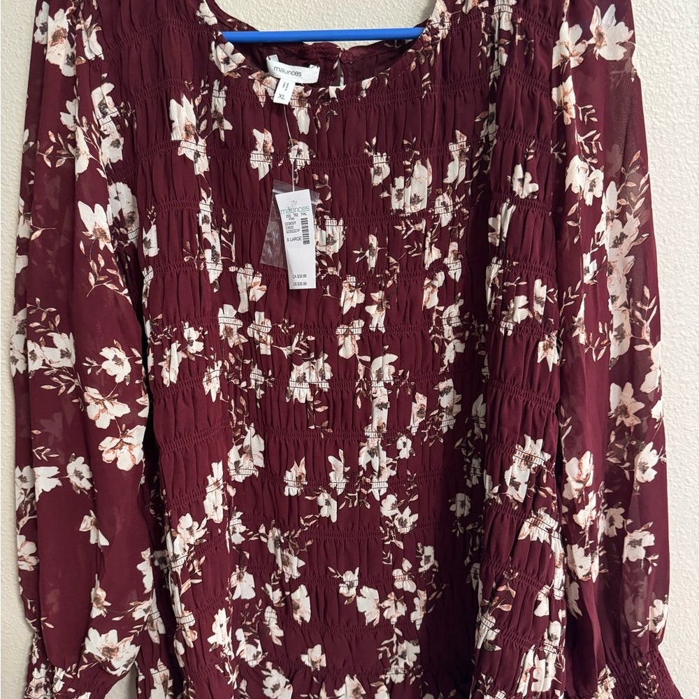 Maurices Red and Cream Pleated Long Sleeve Blouse